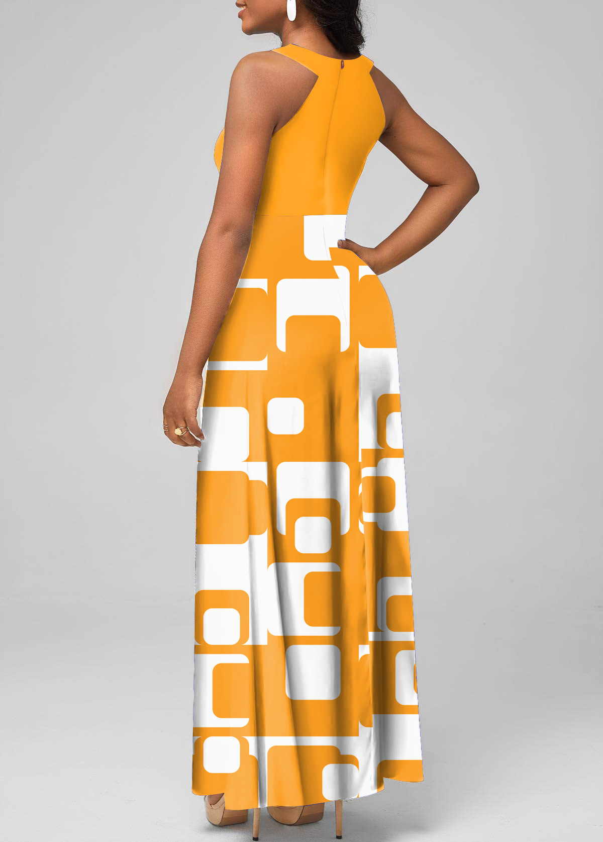 Ginger Cage Neck Geometric Print Maxi Dress