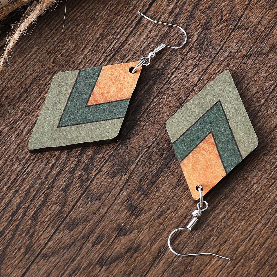 Green Square Geometric Wood Drop Earrings | picture 