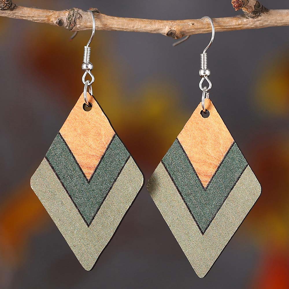 Green Square Geometric Wood Drop Earrings | picture 