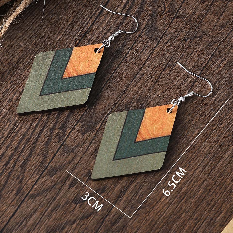 Green Square Geometric Wood Drop Earrings | picture 
