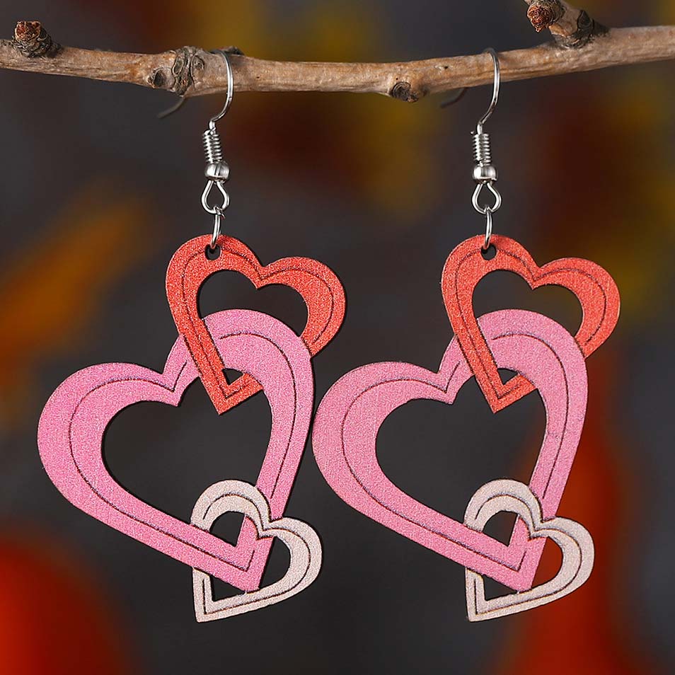 Wood Detail Multi Color Heart Earrings