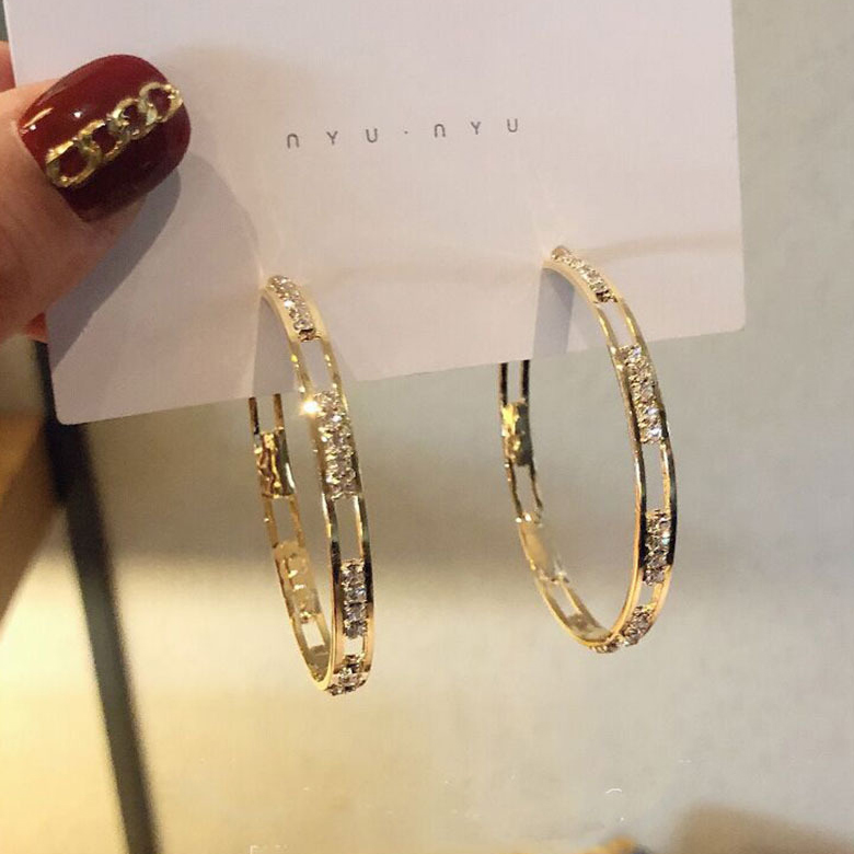 Gold Round Rhinestone Hollow Design Earrings