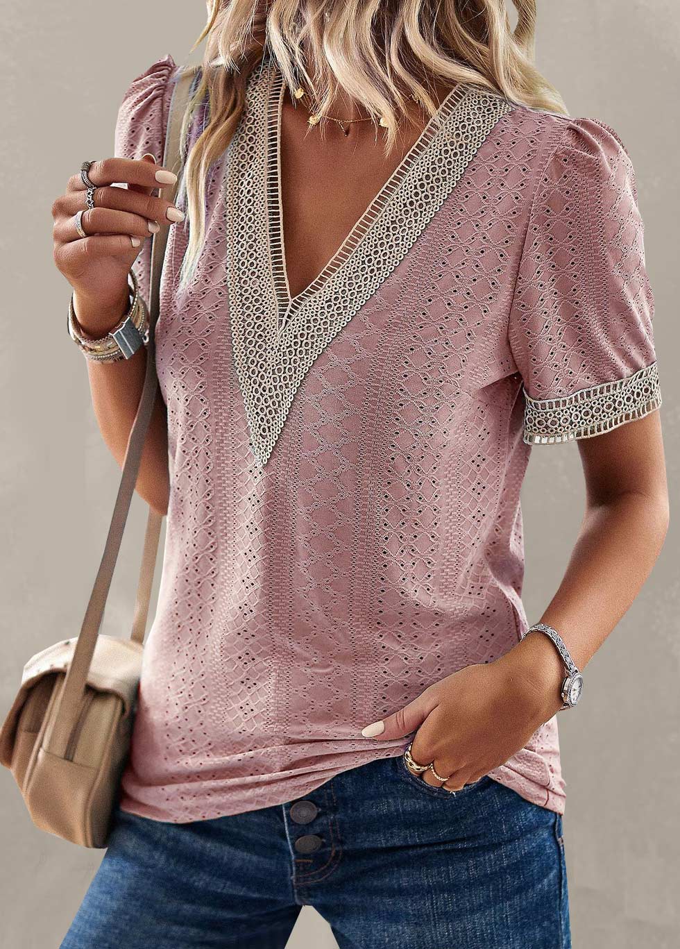Pink Patchwork Short Sleeve V Neck T Shirt