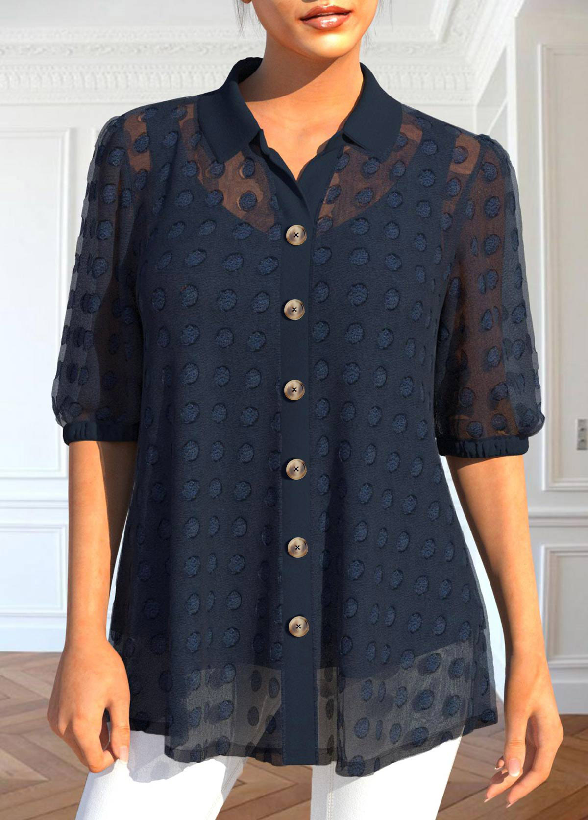 Navy Button Half Sleeve Shirt Collar Blouse | picture 