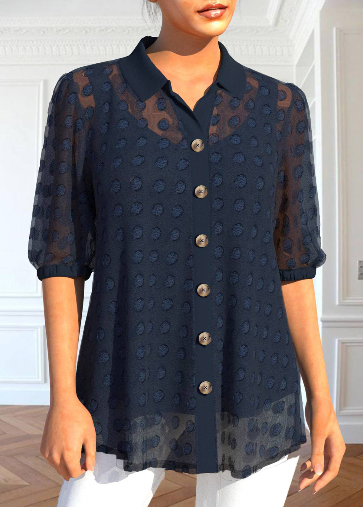 Navy Button Half Sleeve Shirt Collar Blouse | picture 