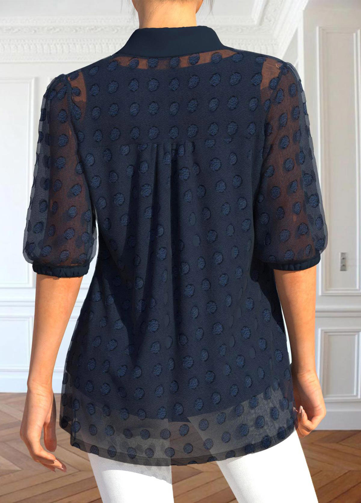 Navy Button Half Sleeve Shirt Collar Blouse | picture 