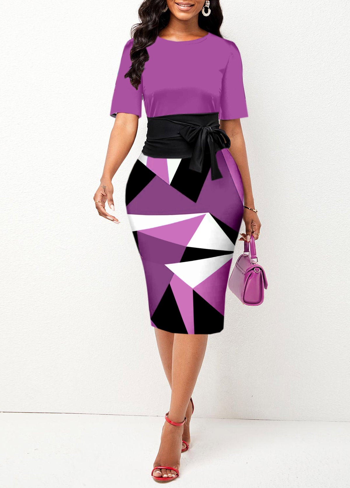 Purple Tie Geometric Print Short Sleeve Bodycon Dress