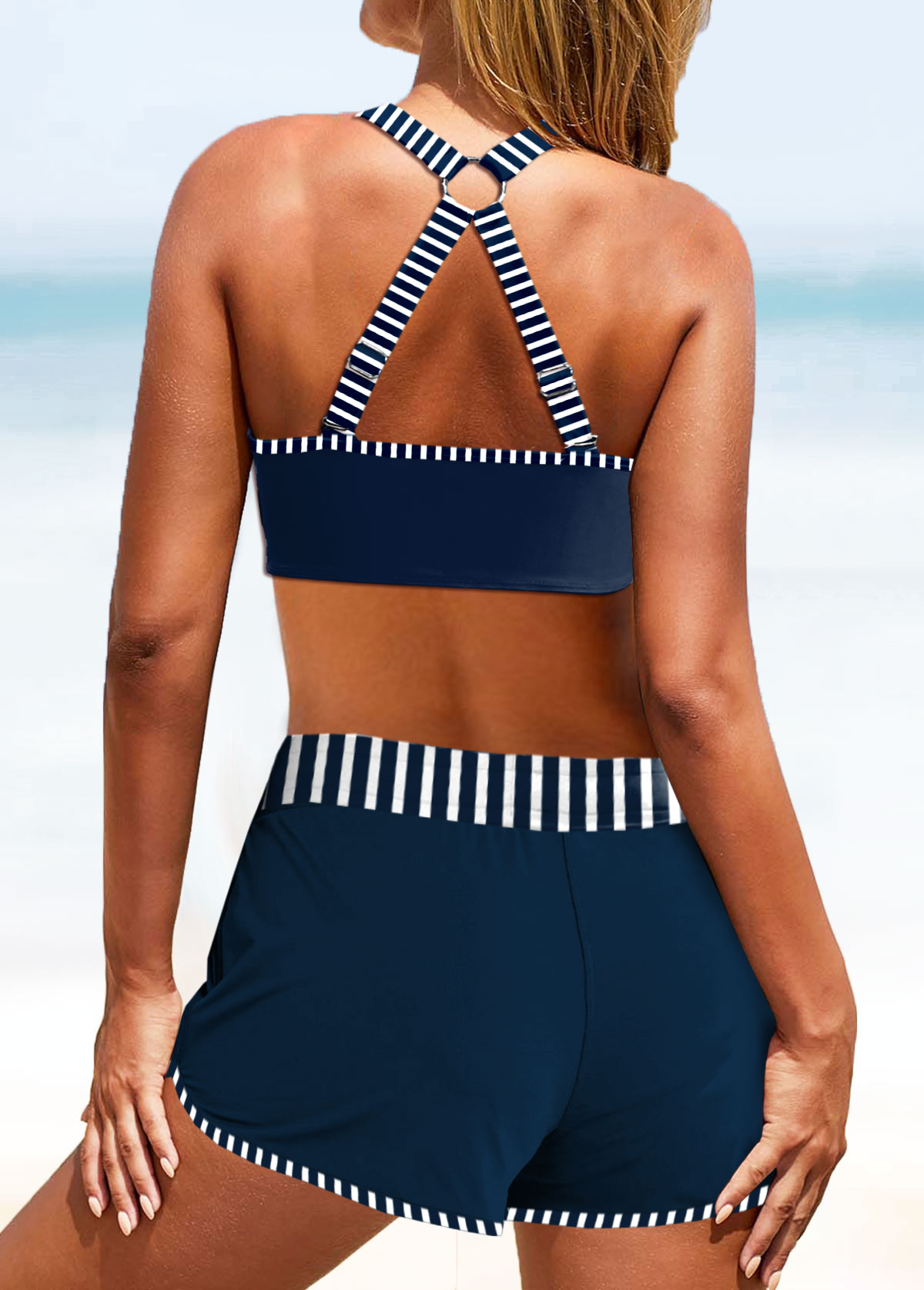 Circular Ring Mid Waisted Striped Navy Bikini Set