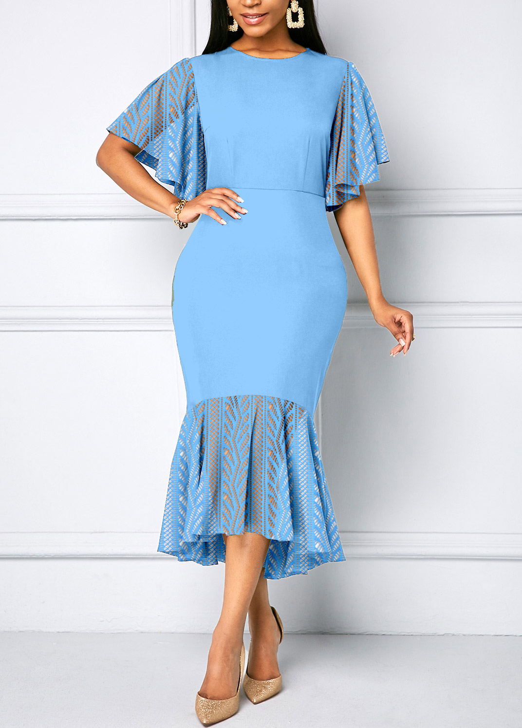 Sky Blue Lace Half Sleeve Bodycon Dress