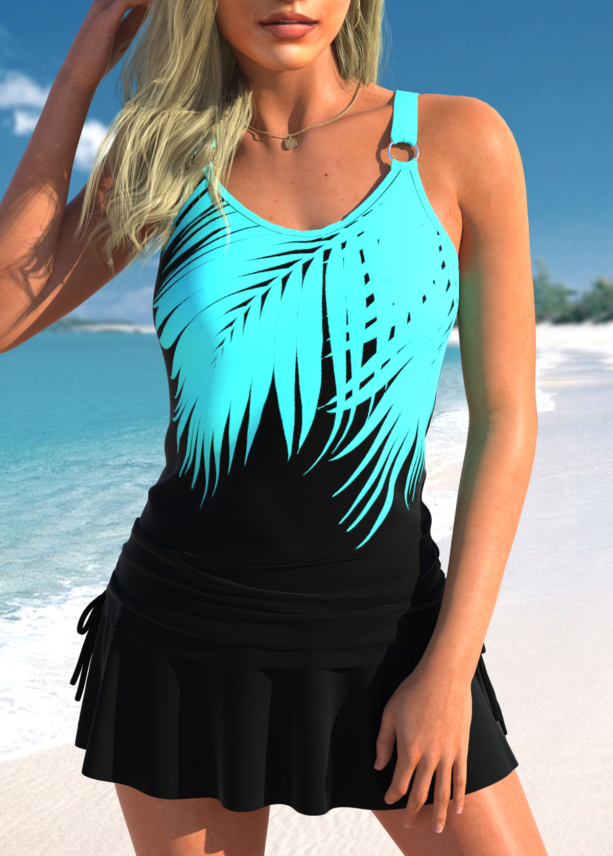 Drawstring Tropical Plants Print Black Tankini Top-No Bottom | linkimg