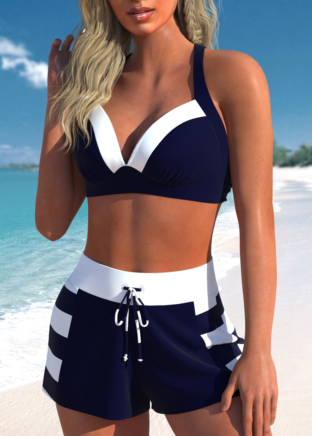 High Waisted Plus Size Patchwork Navy Bikini Set