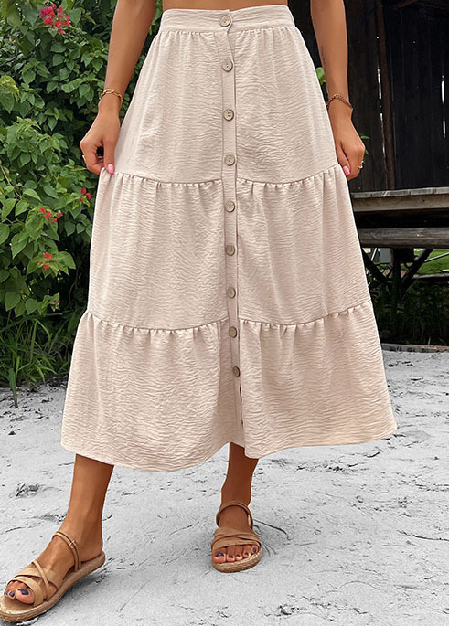 Beige Button A Line Elastic Waist Skirt