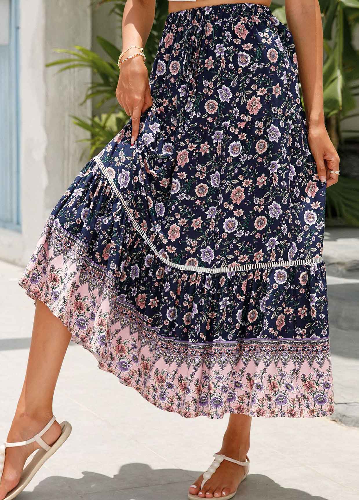 Multi Color Patchwork Floral Print A Line Skirt