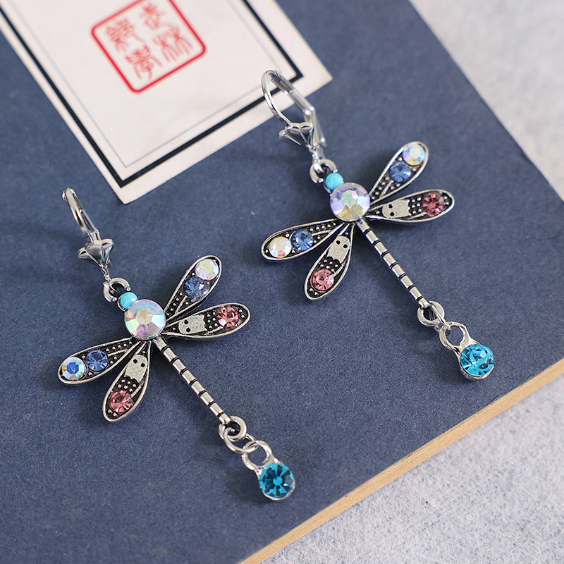 Multi Color Dragonfly Design Rhinestone Earrings