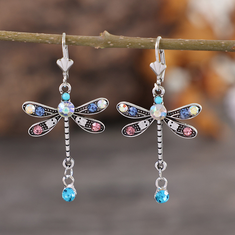 Multi Color Dragonfly Design Rhinestone Earrings