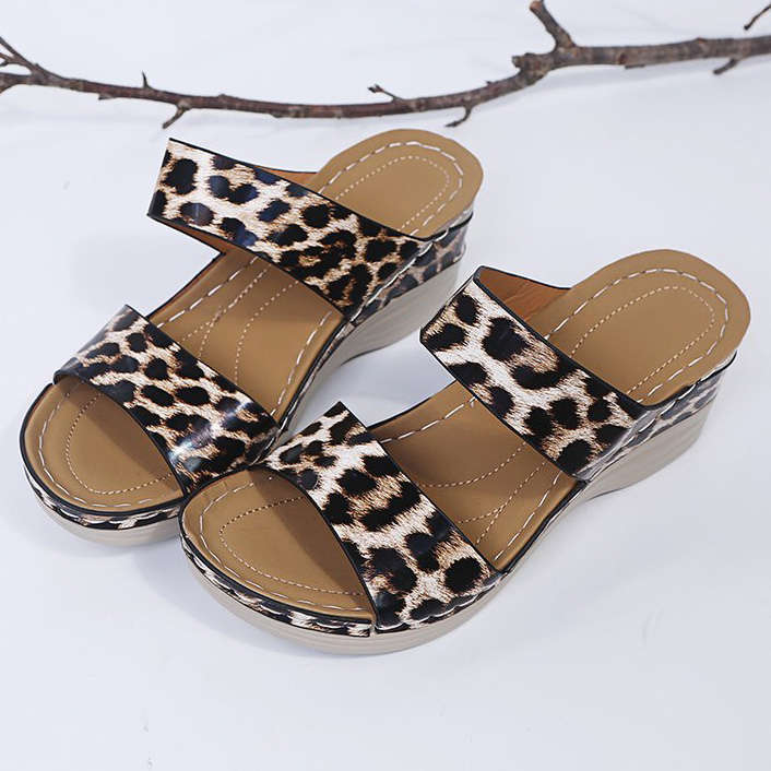 Dark Camel Leopard Open Toe Low Heel Sliders | picture 