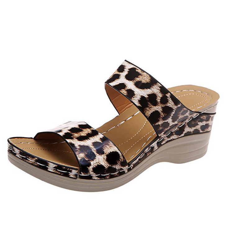 Dark Camel Leopard Open Toe Low Heel Sliders | picture 