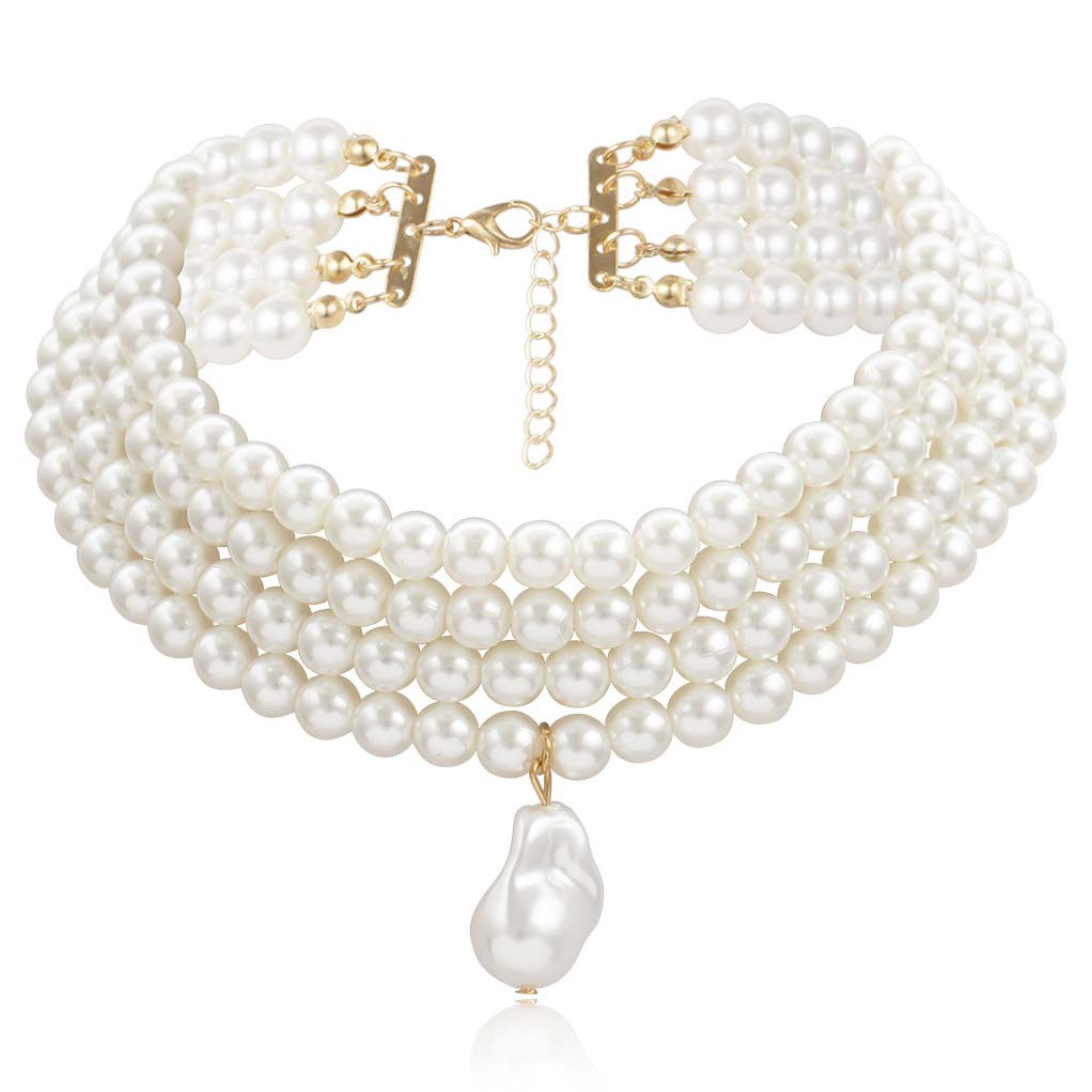 White Layered Deisgn Pearl Detail Necklace