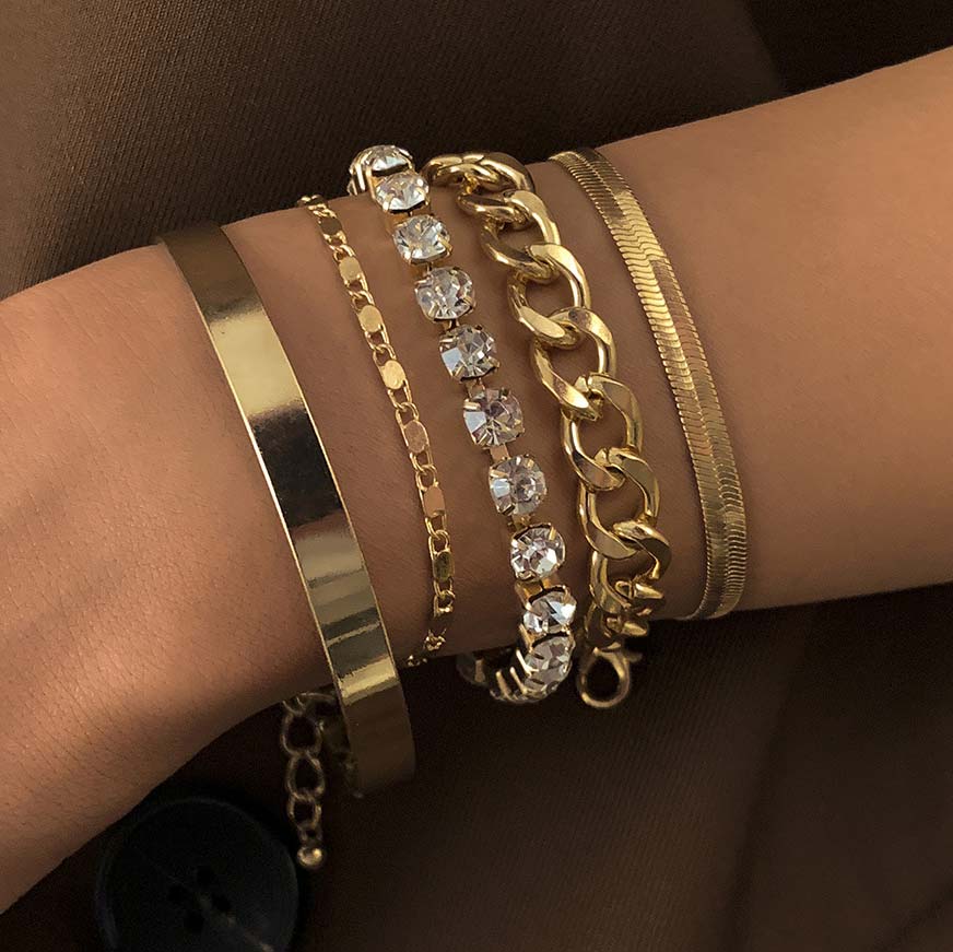Gold Chain Rhinestone Layered Design Bracelet Set