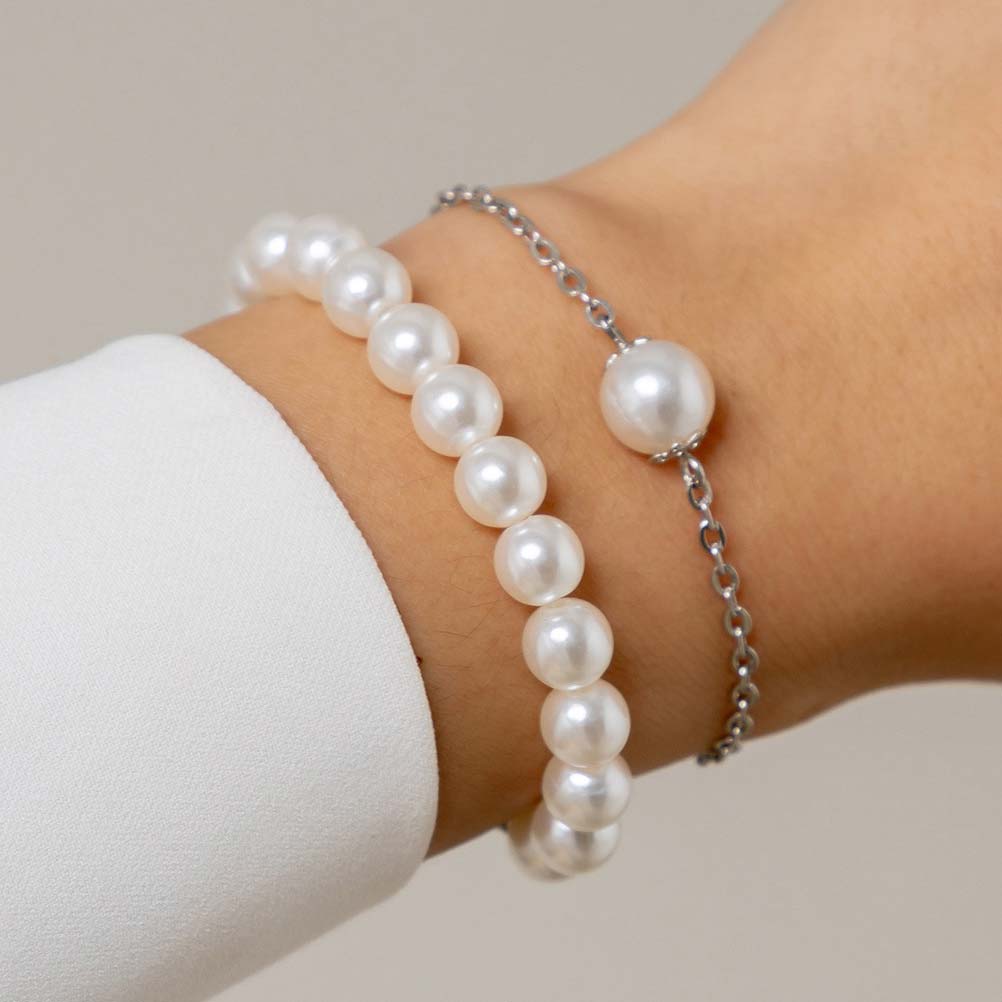 Pearl Detail Geometric Pattern White Bracelet Set