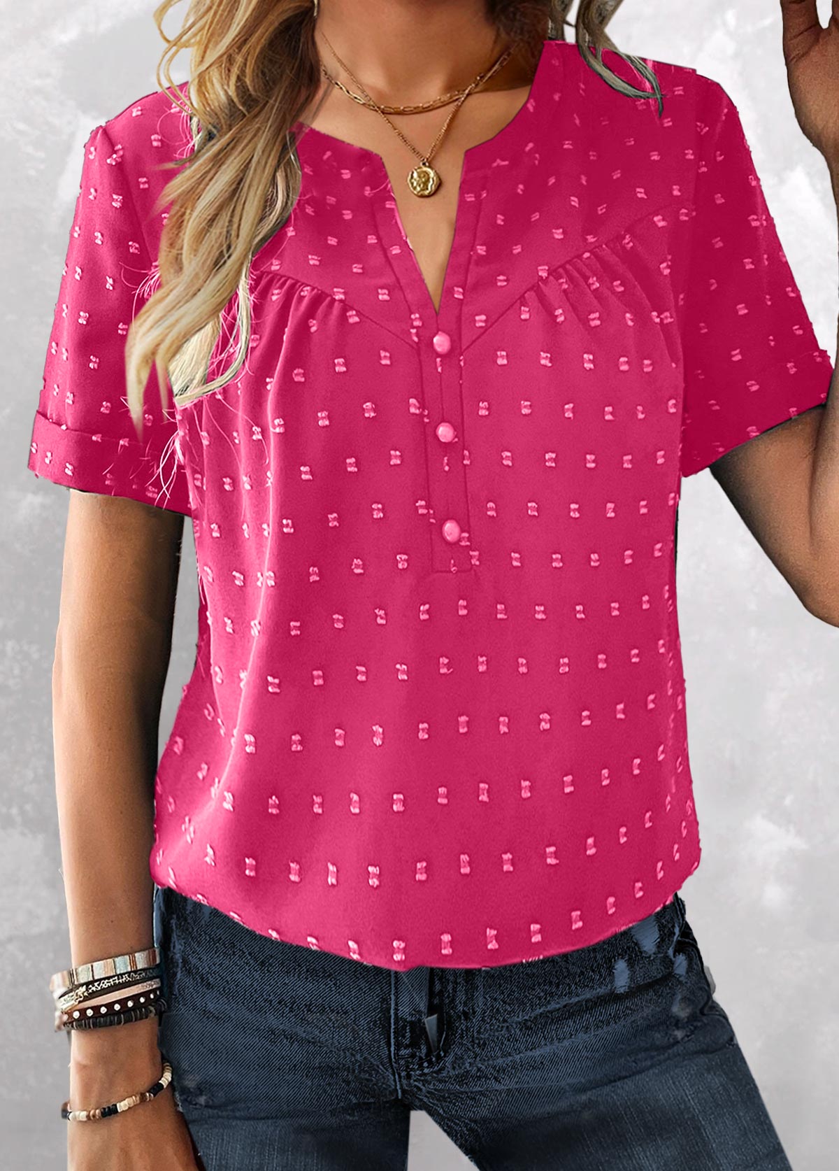 Hot Pink Jacquard Short Sleeve Split Neck Blouse | picture 