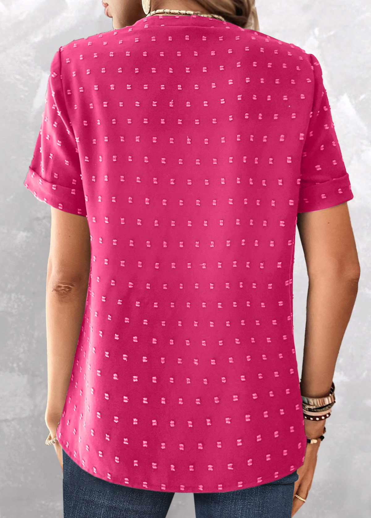 Hot Pink Jacquard Short Sleeve Split Neck Blouse | picture 