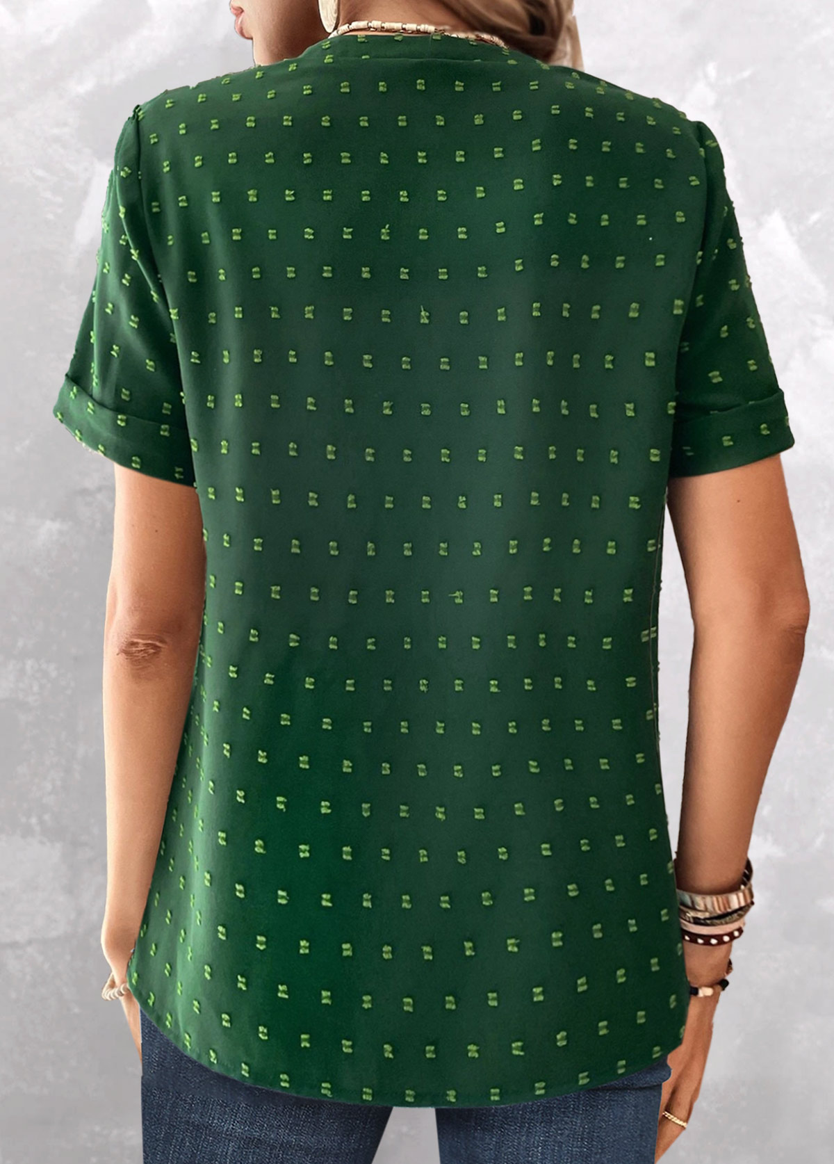 Green Jacquard Short Sleeve Split Neck Blouse | picture 