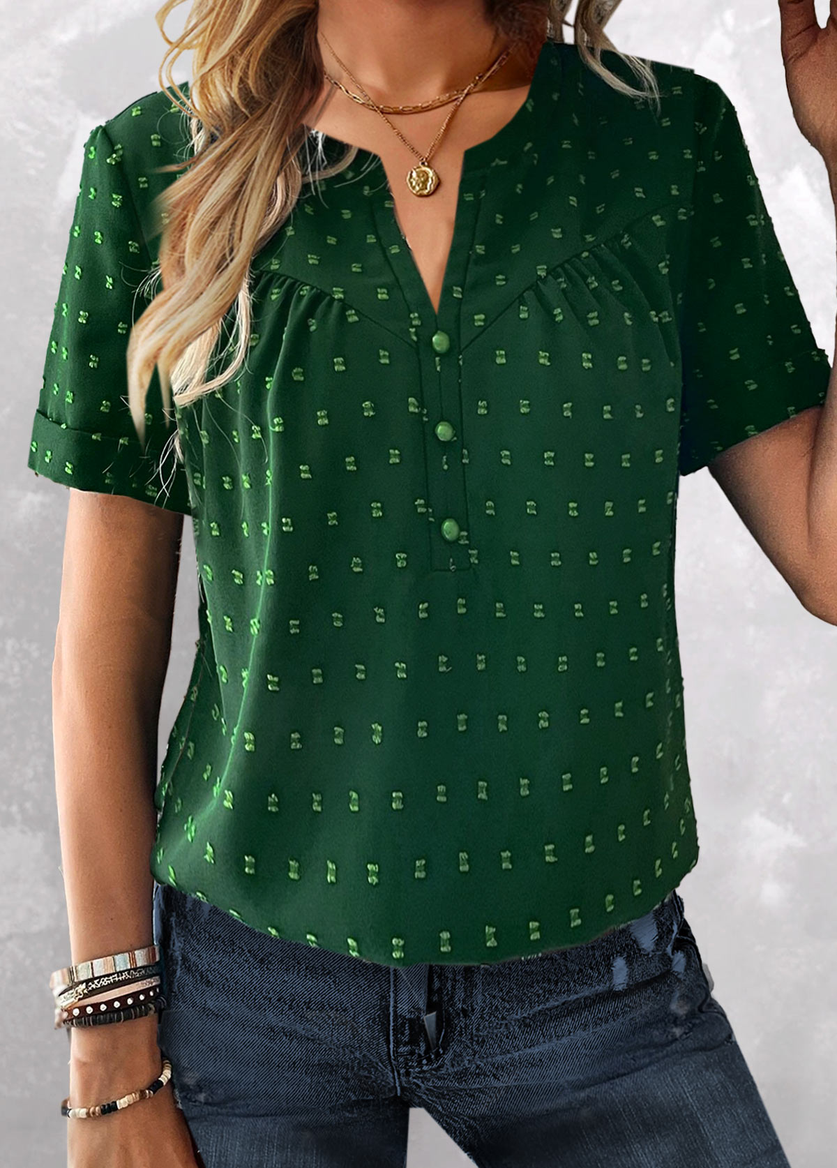 Green Jacquard Short Sleeve Split Neck Blouse | picture 