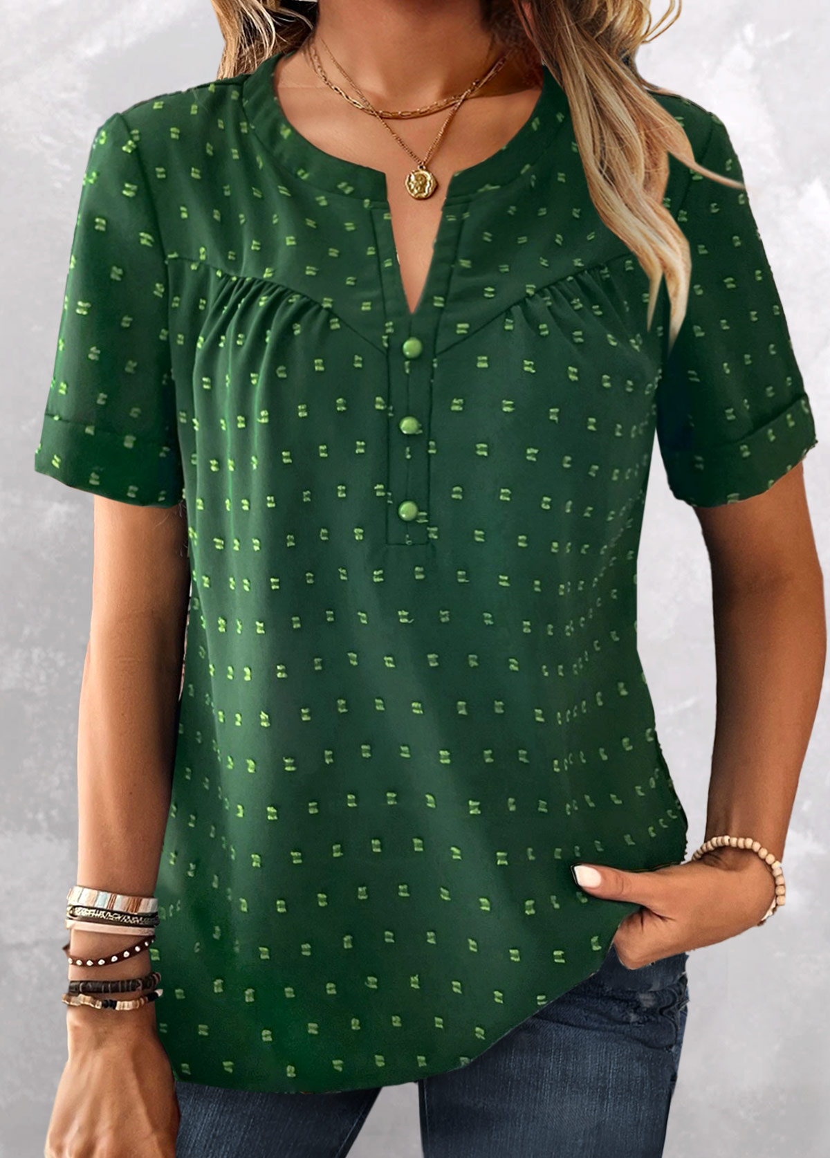 Green Jacquard Short Sleeve Split Neck Blouse | picture 