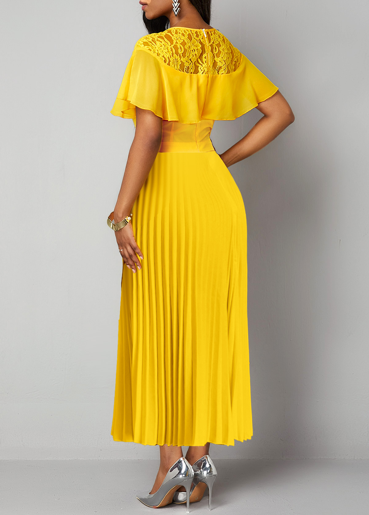 Yellow Lace Short Sleeve Round Neck Maxi Dress
