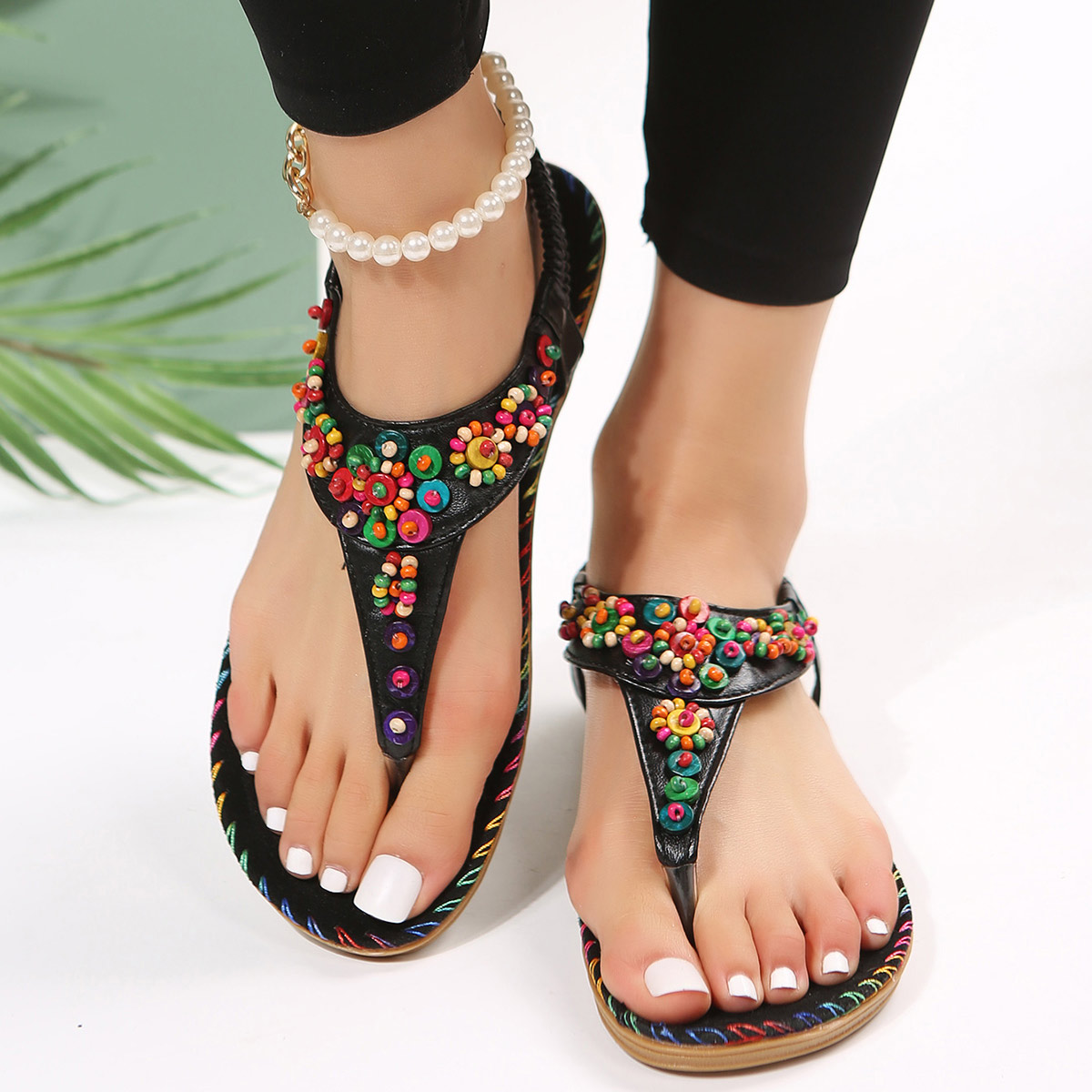 Black Ditsy Floral Toe Post Falt Sandals