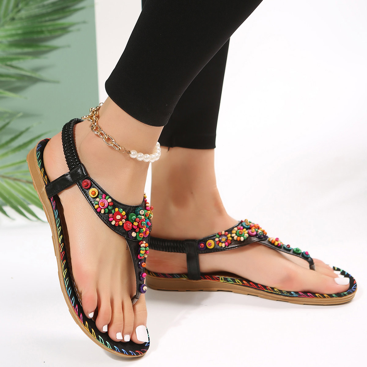 Black Ditsy Floral Toe Post Falt Sandals