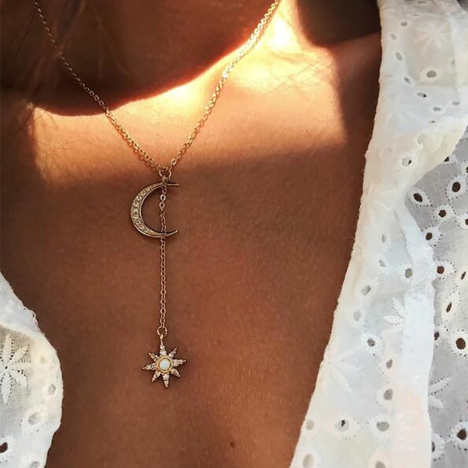 Golden Moon and Star Design Alloy Necklace