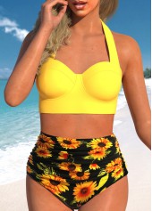 High Waist Halter Cutout Back Printed Bikini Set