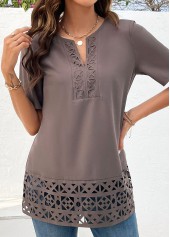 Light Coffee Patchwork Short Sleeve Split Neck Blouse | thumb picture 