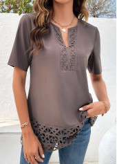 Light Coffee Patchwork Short Sleeve Split Neck Blouse | thumb picture 
