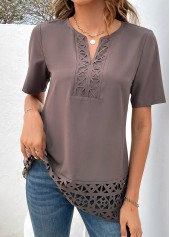 Light Coffee Patchwork Short Sleeve Split Neck Blouse | thumb picture 