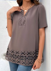 Light Coffee Patchwork Short Sleeve Split Neck Blouse