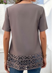 Light Coffee Patchwork Short Sleeve Split Neck Blouse | thumb picture 