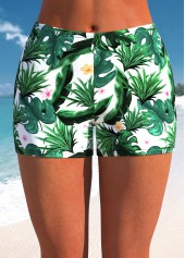 High Waisted Tropical Plants Print Green Swim Shorts