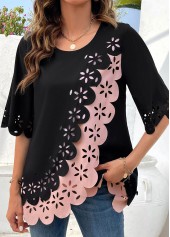 Black Patchwork Half Sleeve Round Neck Blouse | thumb picture 