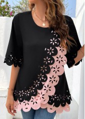 Black Patchwork Half Sleeve Round Neck Blouse