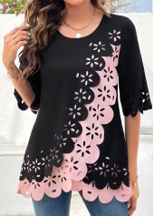 Black Patchwork Half Sleeve Round Neck Blouse | thumb picture 