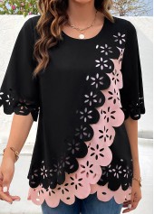 Black Patchwork Half Sleeve Round Neck Blouse | thumb picture 