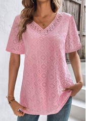 Pink Lace Half Sleeve V Neck T Shirt