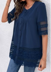 Blue Lace 3/4 Sleeve Round Neck Blouse | thumb picture 