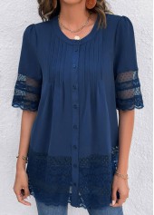 Blue Lace 3/4 Sleeve Round Neck Blouse