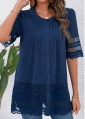 Blue Lace 3/4 Sleeve Round Neck Blouse | thumb picture 