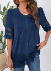 Blue Lace 3/4 Sleeve Round Neck Blouse | thumb picture 