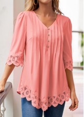 Pink Tuck Stitch 3/4 Sleeve V Neck Blouse | thumb picture 